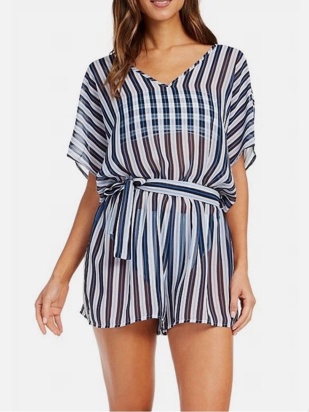 Swim Cover-up Romper L Womens Blue Striped Resort CoastalVacation (without belt)